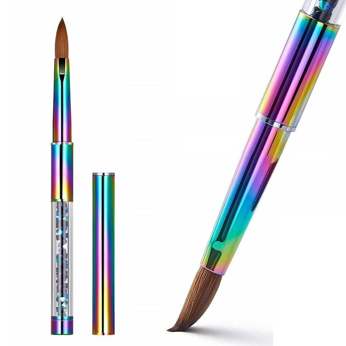 100 Kolinsky Acrylic Nail Brush w/Cap White/Rainbow Crystal Handle