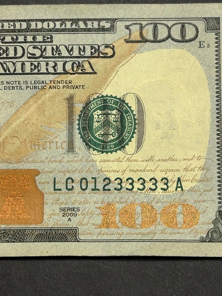 Fancy $100 4 Digit Ladder Ascending# LC01233333A  Five 3s in  Kind In A Row !!! - Image 2 of 4