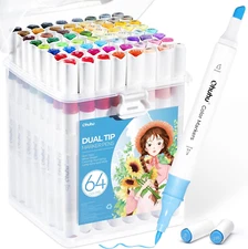 Ohuhu Markers for Adult Coloring Books: 64 Colors Art Markers Dual Brush Chisel