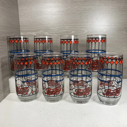 8 Original 1970's Pepsi-Cola Vintage Tiffany Style Raised Stained Glass Tumblers