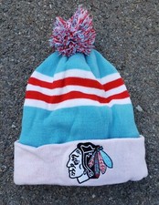 NHL Chicago Blackhawks Beanie. Cap. Ski Cap. Pom Pom. Light Blue. NHL Hockey