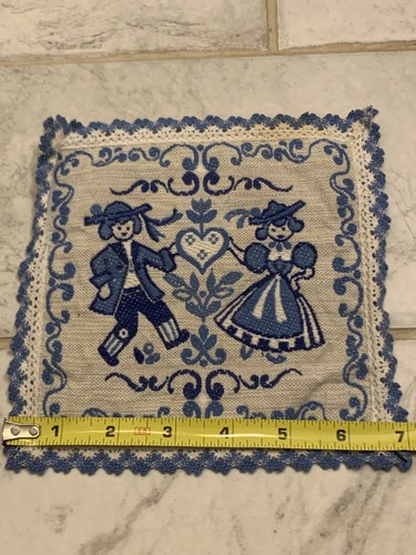 7" Austrian Folk Art Square 2 Potholder Placemats Woven Blue White Classic - Picture 8 of 8