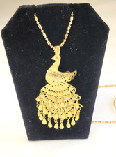 Yellow Gold Tone Peacock Pendant Necklace/Brooch Pin Tiered Dangles Filigree