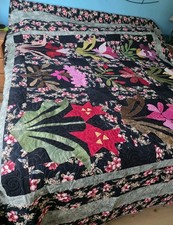 Hand Crafted King Size Quilt 112"x112" Black Green Multicolor Applique Floral