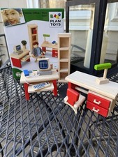 Plan Toys Home Office Set Wood Pretend Play Dollhouse Desk, Computer, Bookcase
