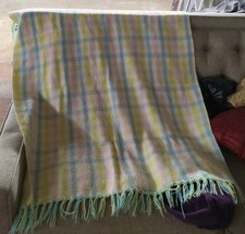 Vintage Baby Blanket Lightweight Pastel Stripe Plaid Shawl Fringe Acrylic