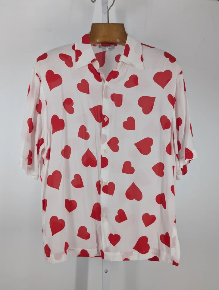 Sandro Woven Rayon Camp Shirt Heart Love Valentine Cupid Art Print AOP SS Small - Image 2 of 4