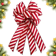 Large Christmas Wreath Bow 20x11 Inches Red and White Striped Burlap Decor