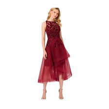 NWT Adrianna Papell Velvet Sequin Tulle High Low Cocktail Dress Garnet Red 12