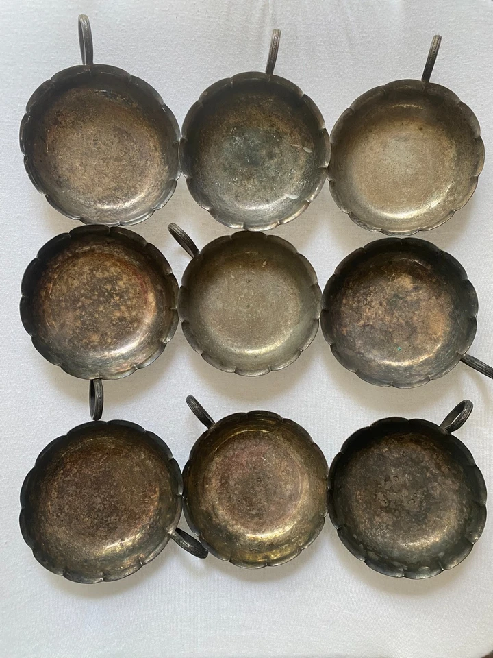 9 salinas chapadas en plata EPS vintage con asas - cuencos festoneados de 3,5" Foto 2 de 4