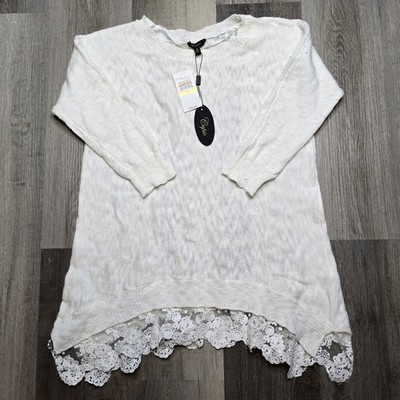 Cupio Ivory Knit Lace Trim 100% Cotton Pullover Sweater M Long Sleeve
