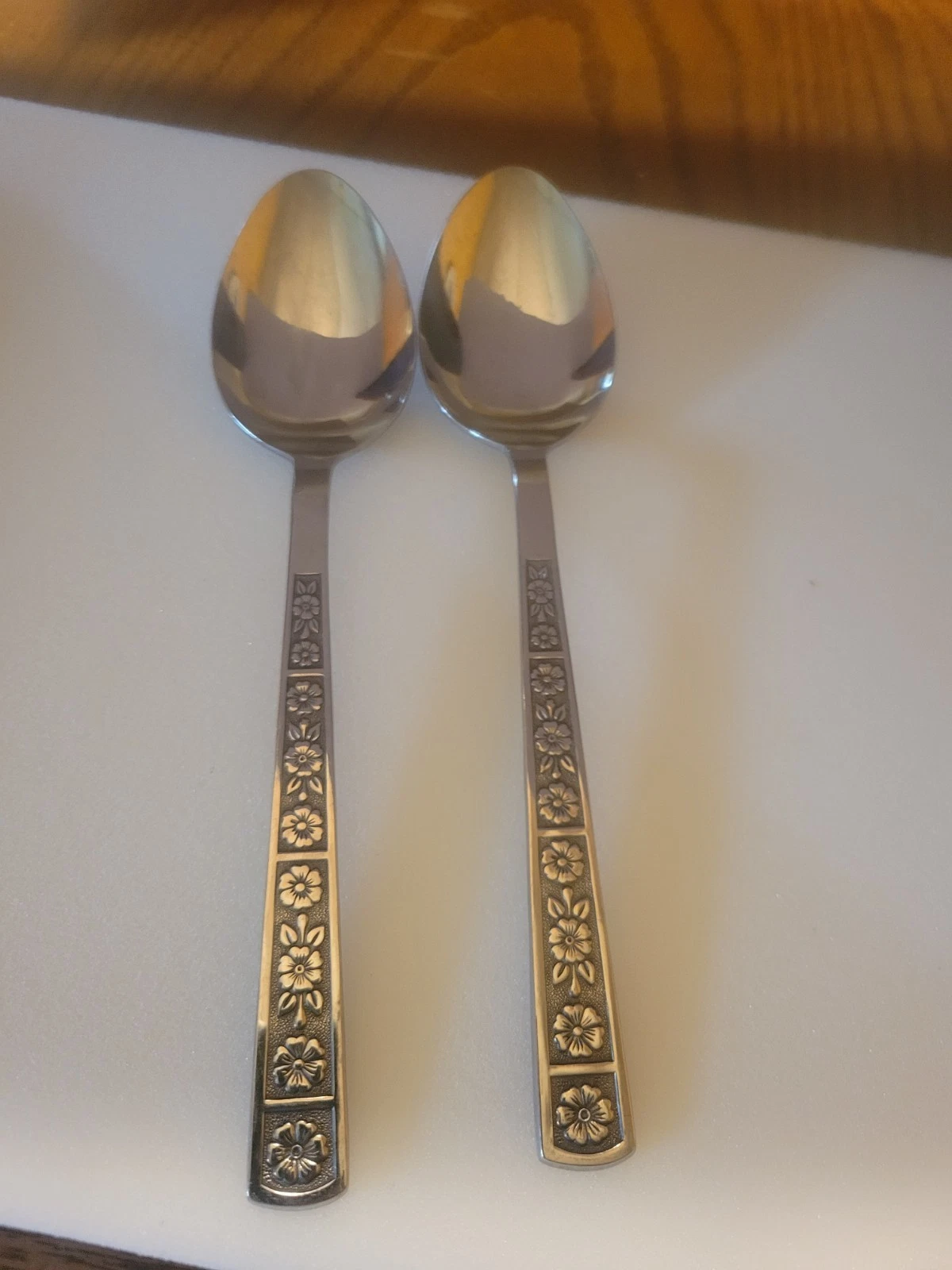 2 Vintage Imperial IIC Japan Floral Flatware Stainless Serving Spoons 8"