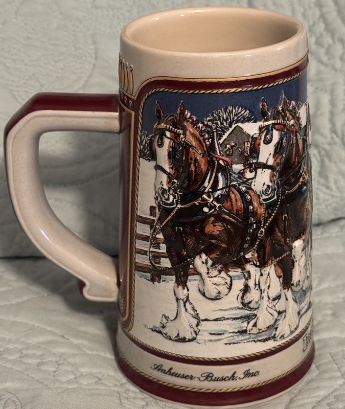 1989 Budweiser Collector Stein, Clydesdales, Ceramarte, Deep Maroon Color, Nice 
