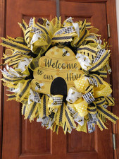 BUMBLE BEE HIVE SPRING/SUMMER WREATH BRIGHT COLORS SIGN/RIBBONS/BOW FRONT DOOR