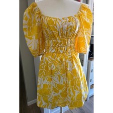 Anthropologie x Faithfull Dress Women 8 Yellow Puff Sleeve Square Neck Mini NWT