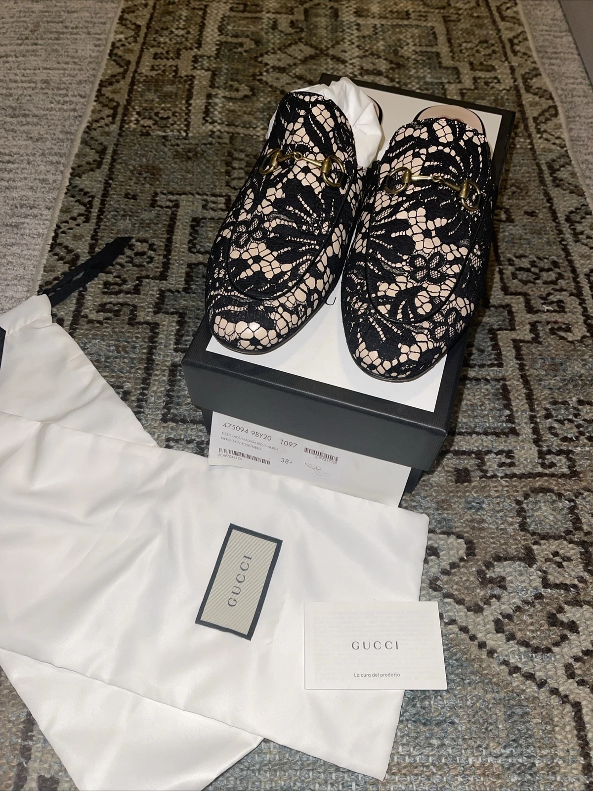 Mocassins Gucci Horsebit Princetown noirs en dentelle slides mules plates 8,5 38,5