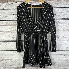 Express Striped Elastic Waist Ruffle Wrap Dress Size Medium Black White Mini EUC
