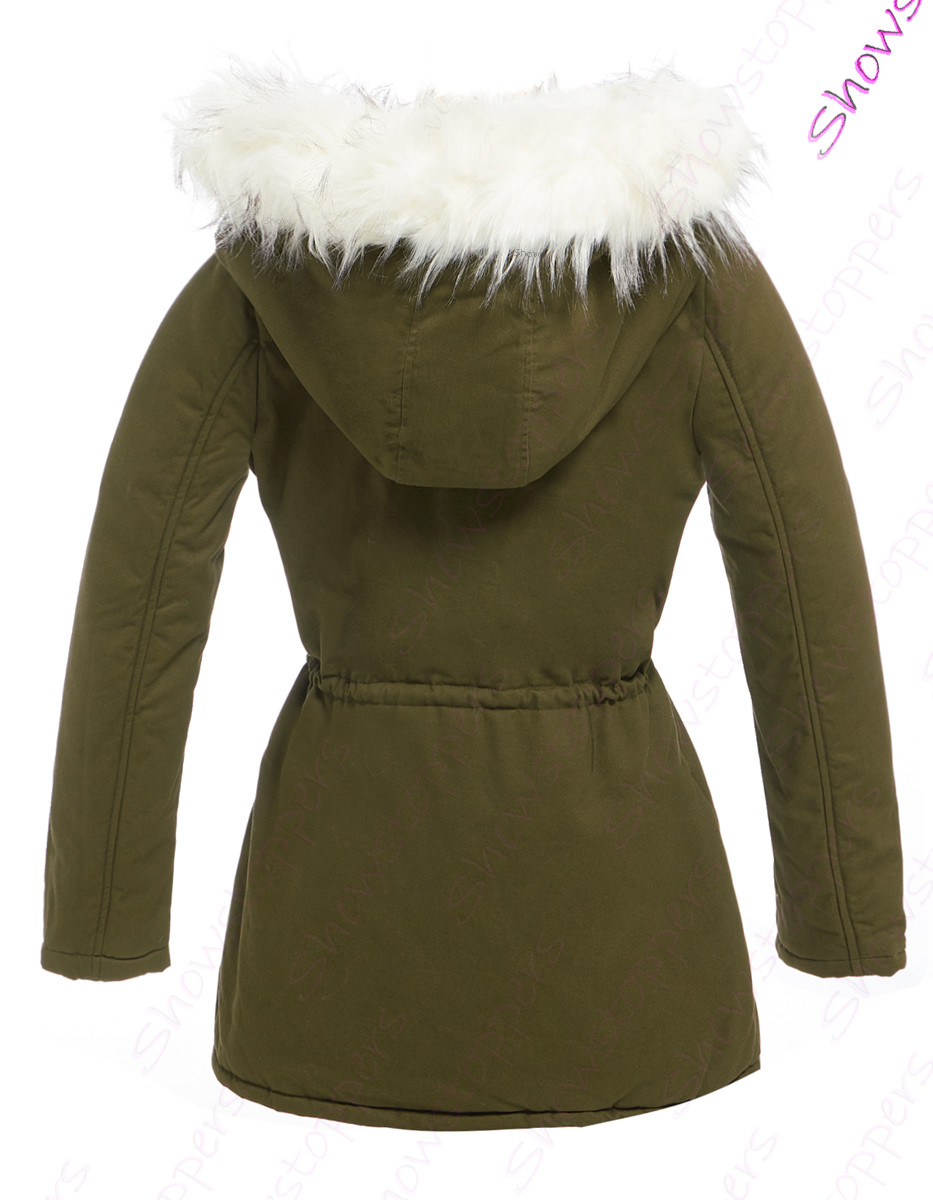 NEW Womens Coat Padded Hood White Fur Parka Ladies Khaki Jacket Size 12