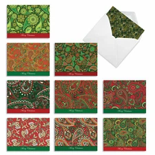 10 Pack Merry Christmas Note Cards With Envelopes - Christmas Paisley