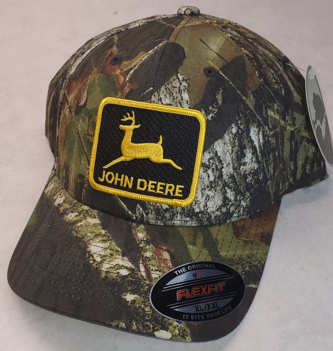 XXL John Deere Patch on Mossy Oak Break-Up Flexfit 6277 Hat XL/XXL