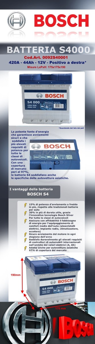 BATTERIA AUTO BOSCH S4000 0092S40001 44 AH 420A 175x175x190 - Foto 6