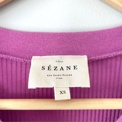Sezane Olivera Cotton Blend Knit Bodysuit Top Iris XS Ribbed
