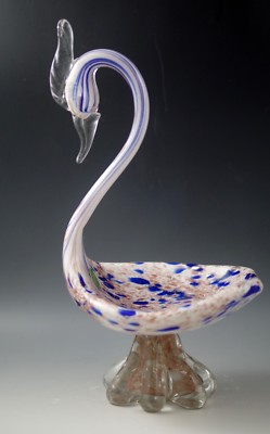 VTG AVEM MURANO GLASS biomorphic SWAN BIRD BOWL LARGE 12'' COBALT RARE- LABEL