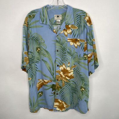 Relax Wear L Aloha Shirt Hawaiian 100% Rayon Blue Floral Print Coconut Buttons