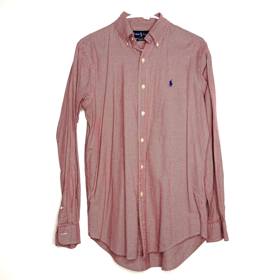 Ralph Lauren Men's Classic Fit Dress Shirt S Red/White Houndstooth