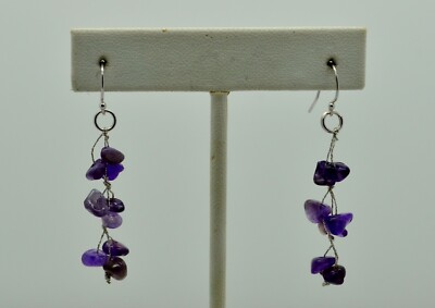 STERLING SILVER DANGLING PURPLE TONED STONE HOOK EARRINGS #FMJ223