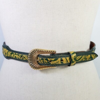 Vtg Tony Lama Ladies Leather Belt 28 Green Gold Pattern  display picture 1
