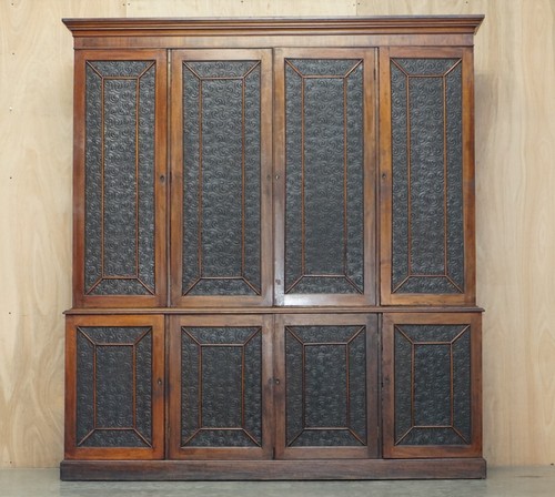 STUNNING ANTIQUE VICTORIAN MAHOGANY & EMBOSSED LEATHER LIBRARY BOOKCASE CUPBOARD - Picture 2 of 22