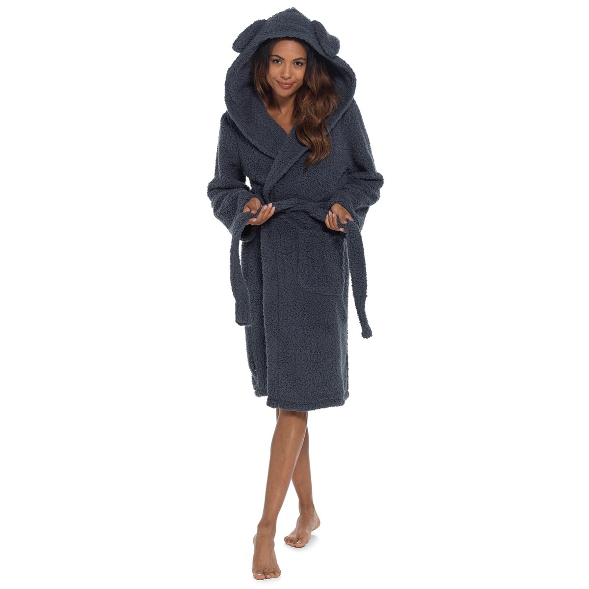 Ladies Women Dog Ears Fluffy Sherpa Hooded Gown Robe Charcoal Grey Warm  Xmas | eBay