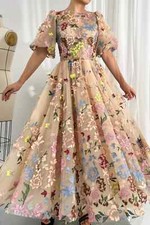 Puff Sleeves Emboridery Champagne Prom Dresses with Pocket Evening Party Dresses