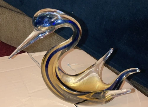 Vintage 70's Artisan Murano Style Blown Glass Swan Bowl 5.25”H- Rare Orange+Blue