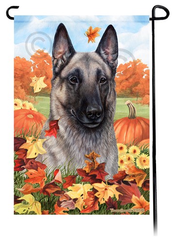 Falling Leaves Garden Flag - Grey Belgian Malinois