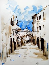 Watercolor hand painted signed   "Urbino" Modern art on cardboard 20x30 cm