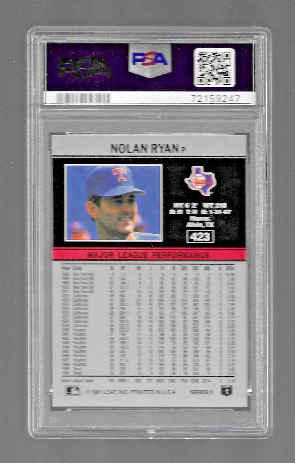1991 LEAF BASEBALL CARD #423 HOF NOLAN RYAN GRADED PSA 10 GEM MINT TEXAS RANGERS view 4
