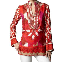 Tory Burch Women's Iveta Red Volcano Silk Tunic Top Size 8