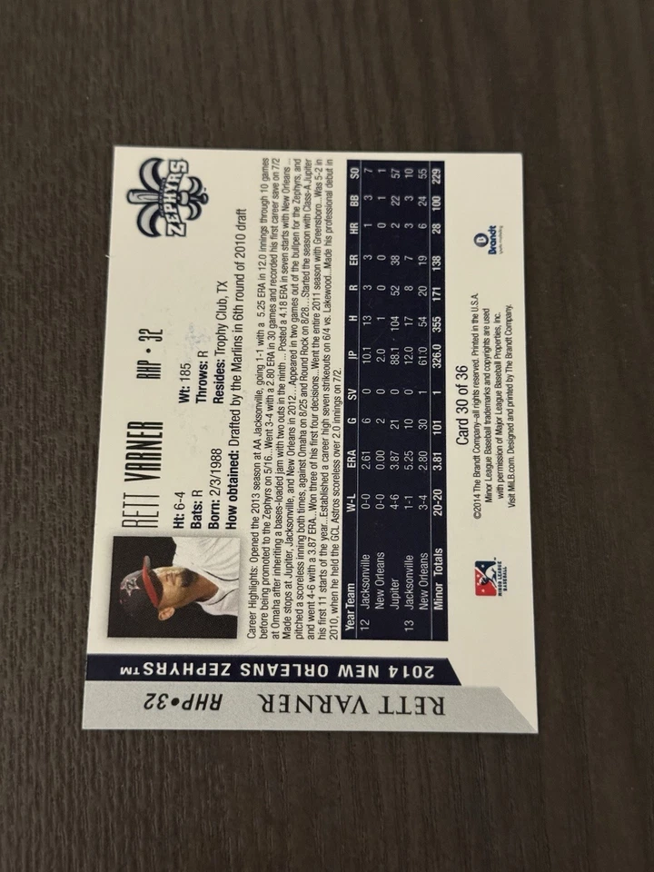 2014 Brandt New Orleans Zephyrs #35 RETT VARNER - Auto Autographed HAND SIGNED - Image 2 of 2