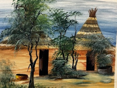 Original African Village Watercolor Painting   Signed A.B. Bino   Framed Tribal
