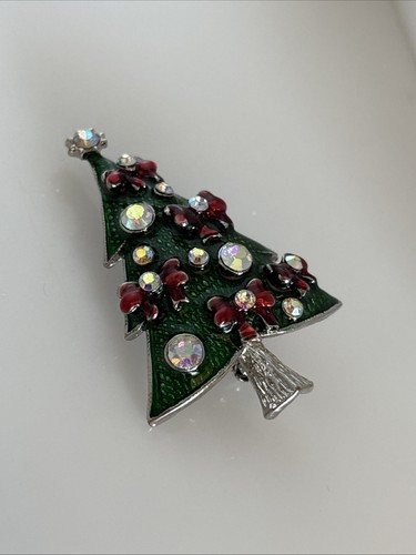 Vintage Christmas Enamel Rhinestone Tree Pin 2.2" 13B - Picture 2 of 4