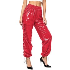 PVC Leather Cargo Pants Drawstring Elastic Waist Trousers with Pocket Streetwear