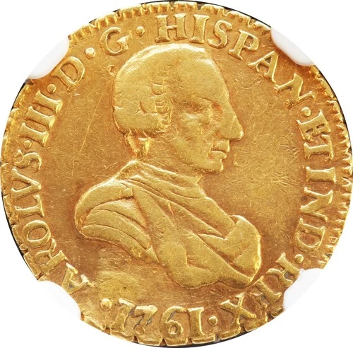 Mexico 1 Escudo Gold Mo 1761 M.M. Charles III, NGC VF Det. Plugged. KM# 116