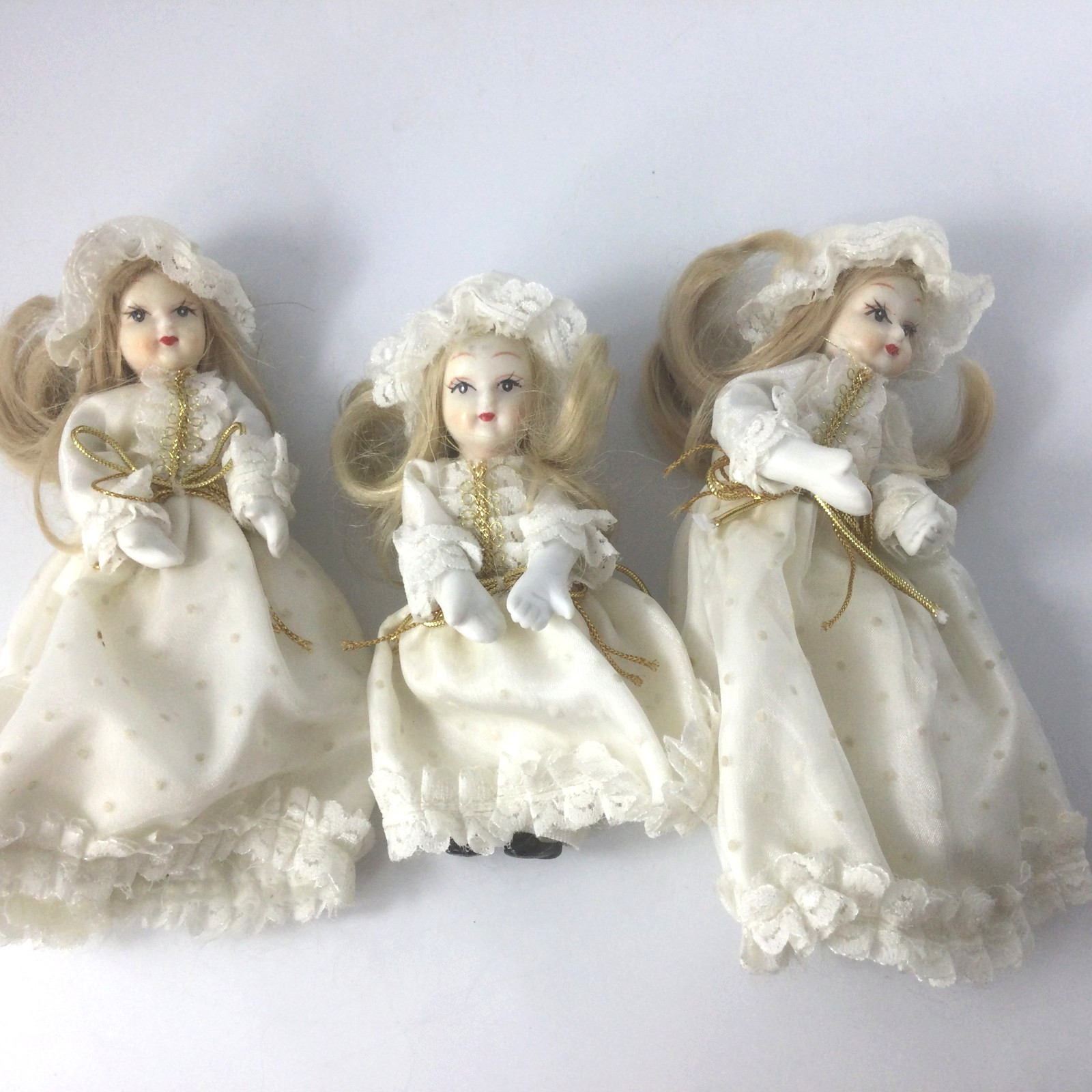 Vintage Small Dolls Porcelain White Dresses Blond Lot of 3