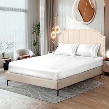 Ivory White Queen Silk Satin Fitted Sheet Deep Pocket Luxury Soft Breathable