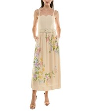 Taylor Floral-Print Belted Fit & Flare Linen Blend Dress Women's 10 Melon Sepia