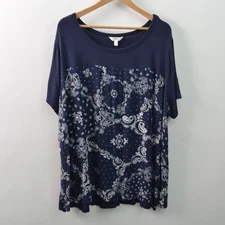 Terra & Sky T-Shirt Tunic Womens 2X Blue Short Sleeve Paisley Rayon Stretch Knit