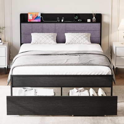 Full Bed Frame with Headboard and Storage Drawers, Black