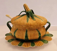 Rare 1950's Antique Majolica Ceramic Corn Themed Covered Soup Tureen Set